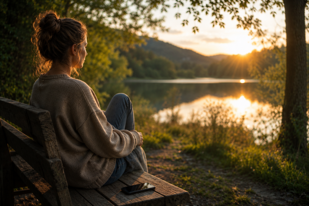 A person is sitting by the lake without a cell phone, enjoying the view