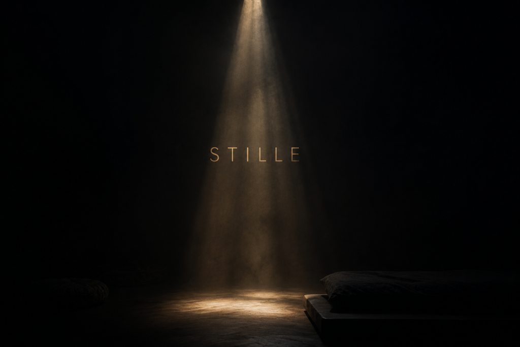A single spotlight shines on the floor of an otherwise dark room, where the word “STILLE” is visible in the beam of light, and a bed stands on the right.
