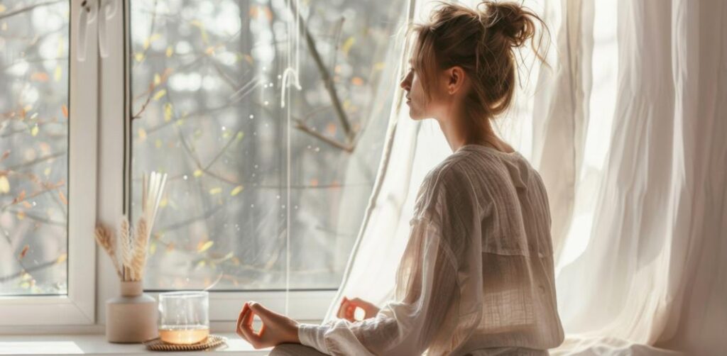 A young woman with her hair pulled back is meditating in light-colored clothing, sitting cross-legged by a sunny window.