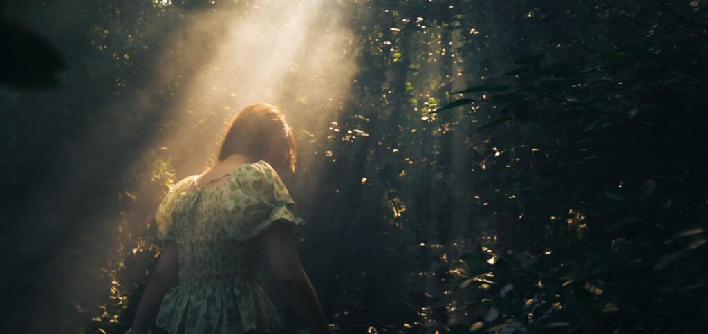 A person with reddish-blonde hair stands with their back to the viewer in a lush, dark forest, bathed in dramatic rays of sunlight streaming down from above through the canopy.